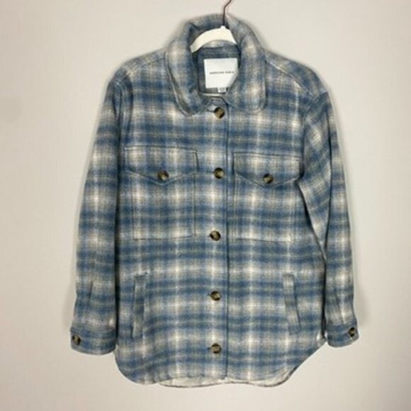 American Eagle Oversized Flannel Shacket Blue Plaid Jacket Coat Button Up - Picture 2 of 6